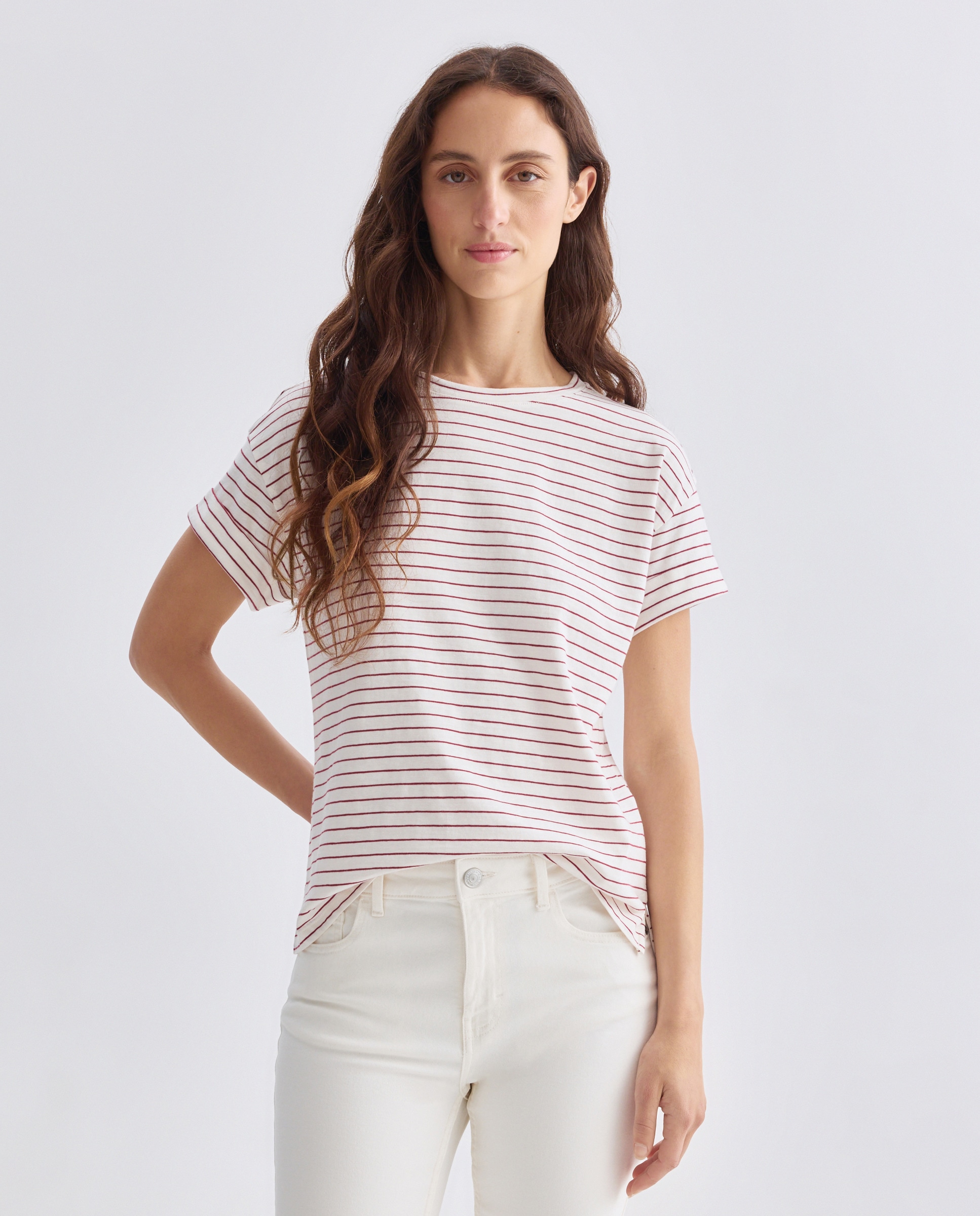 Camiseta básica de mujer cuello caja de rayas Rojo-1