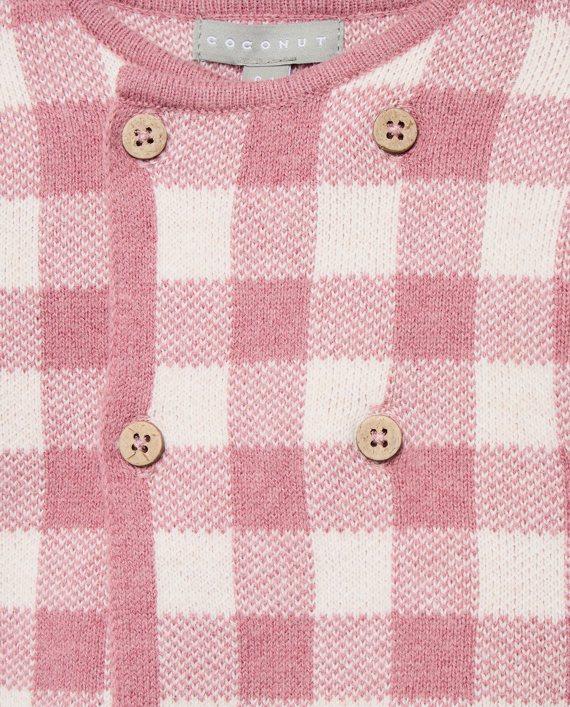Conjunto de Tricot de Bebé com Manga Comprida e Vichy e Calças com Pés Lisas Rosa-4