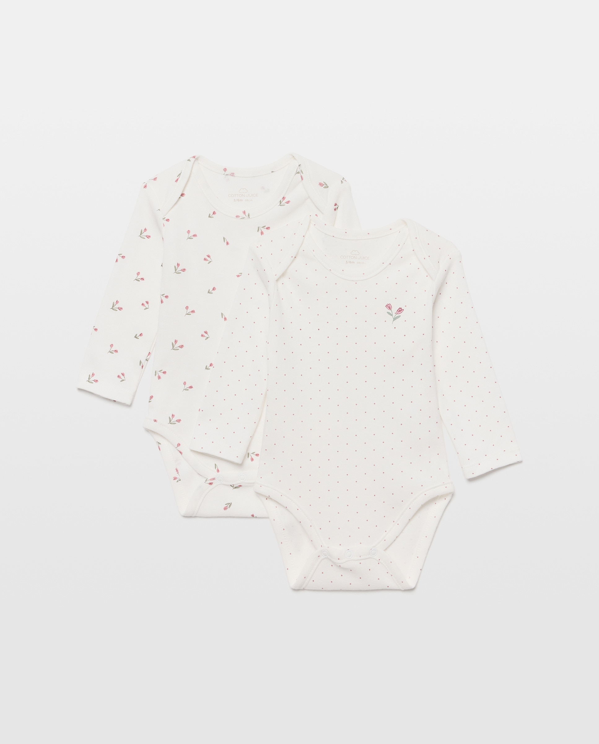 Pack de 2 bodies manga larga con flores y topitos de bebé - Cotton Juice - Blanco Blanco-1