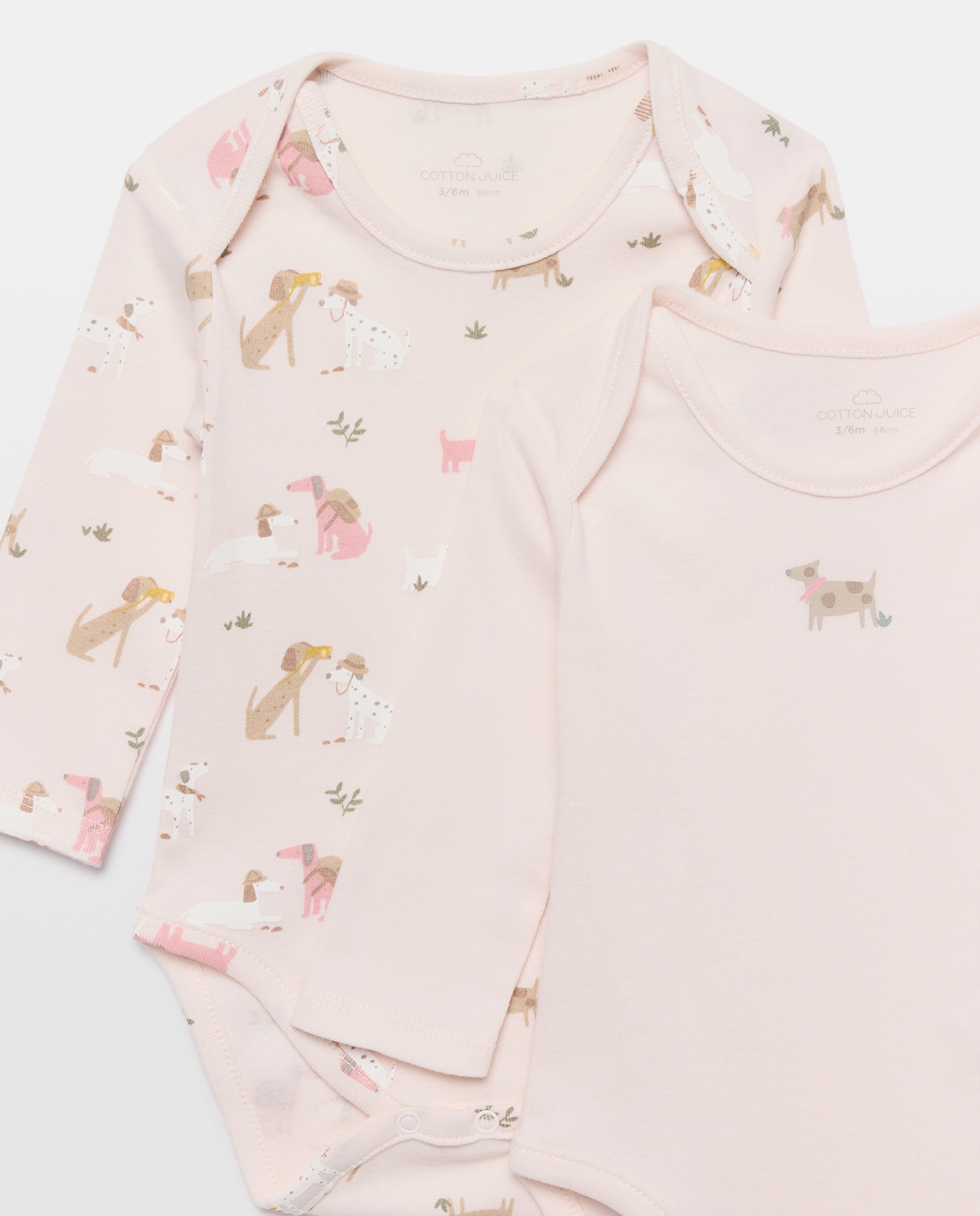 Pack de 3 Bodies de Bebé com Manga Comprida e Cãezinhos Cotton Juice Rosa-3