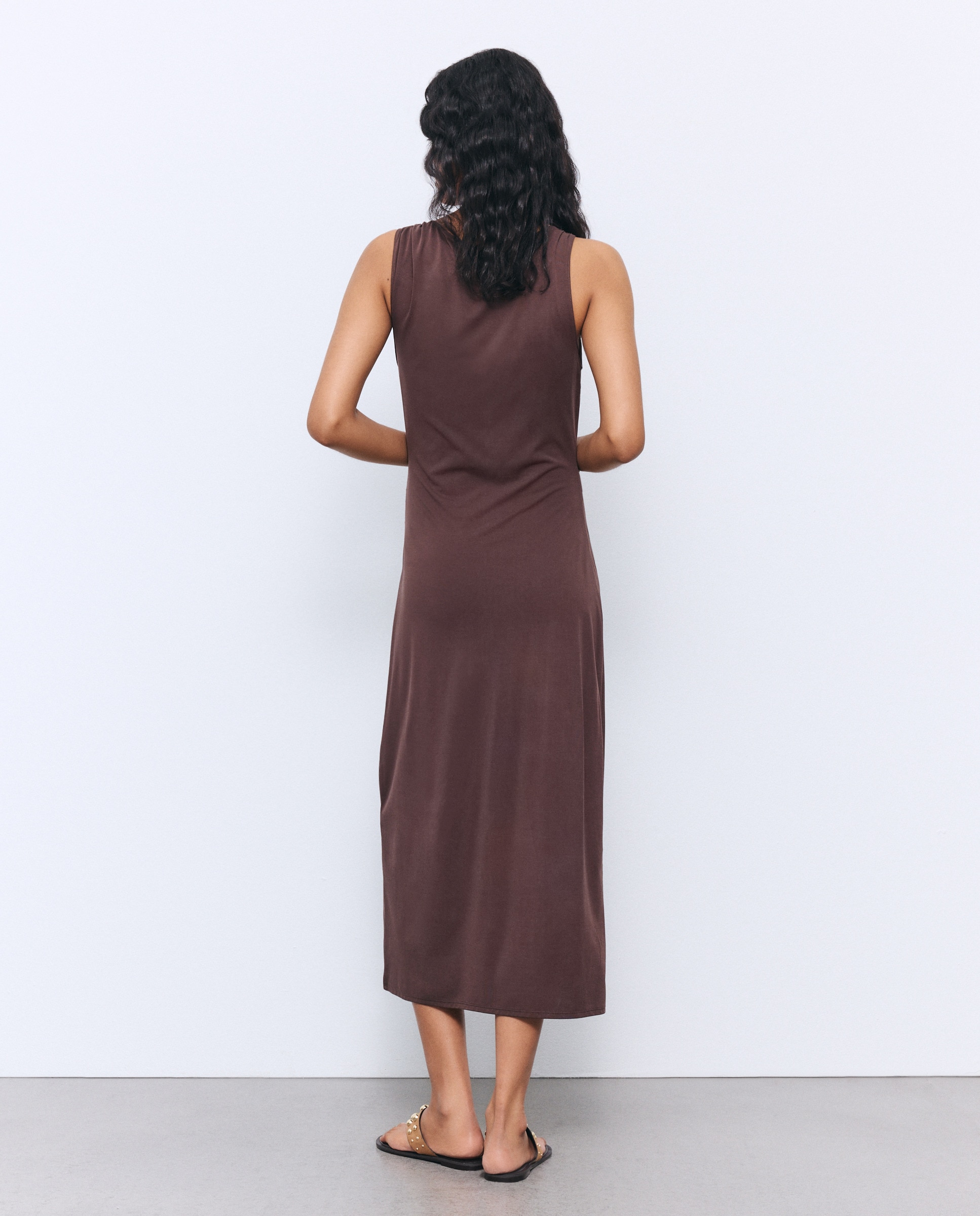 Vestido Midi sem Mangas Castanho-3