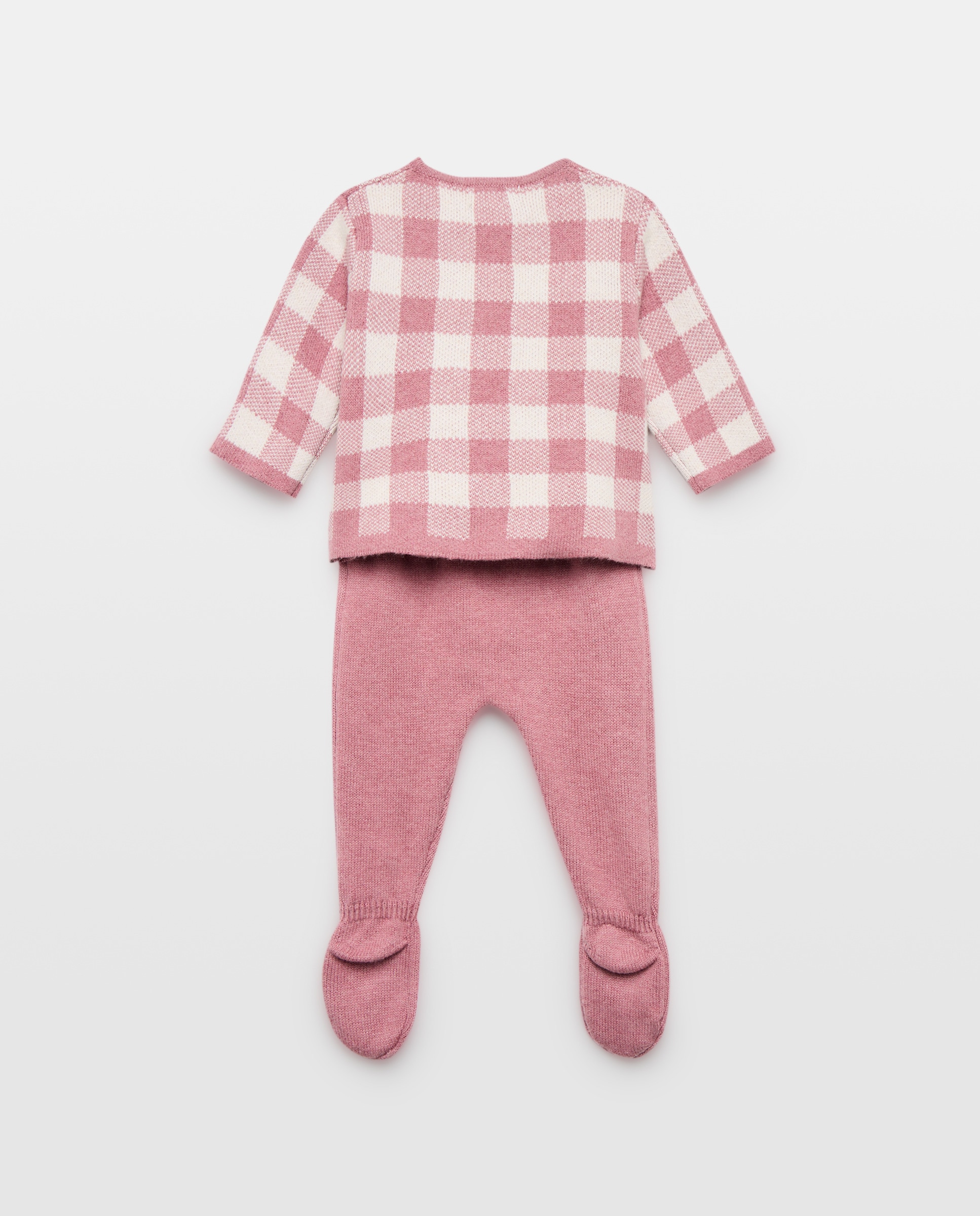 Conjunto de Tricot de Bebé com Manga Comprida e Vichy e Calças com Pés Lisas Rosa-2