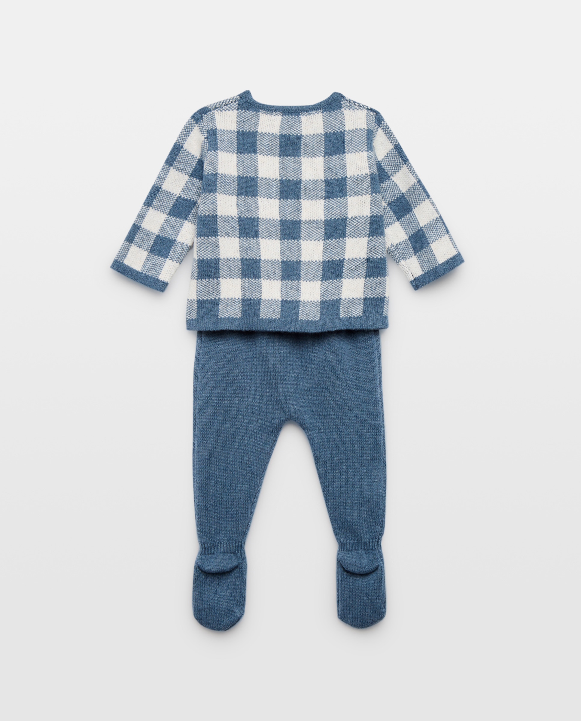 Conjunto de Tricot de Bebé com Manga Comprida e Vichy e Calças com Pés Lisas Azul-2