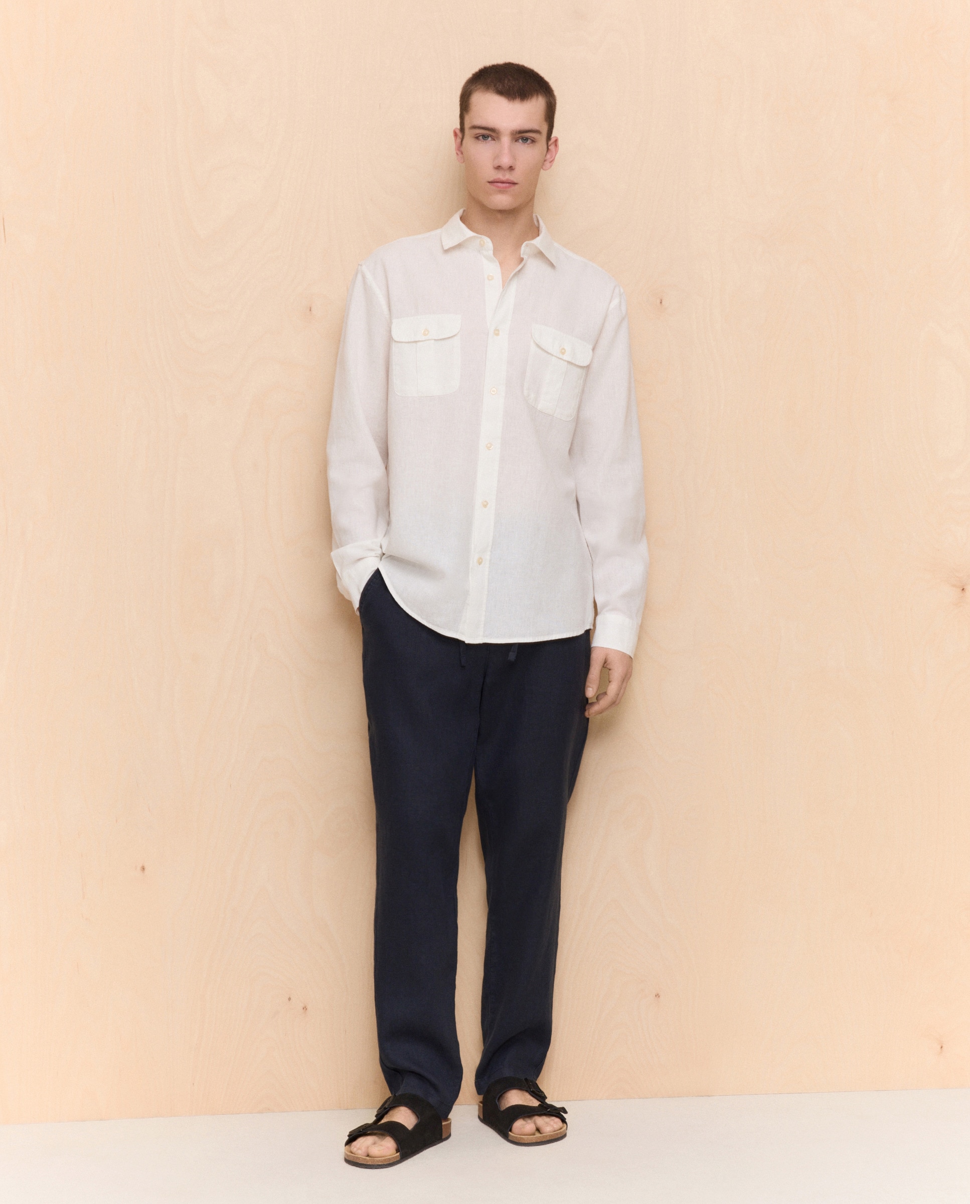 Camisa de Linho e Algodão com Manga Comprida e Bolsos Branco-marfim-4