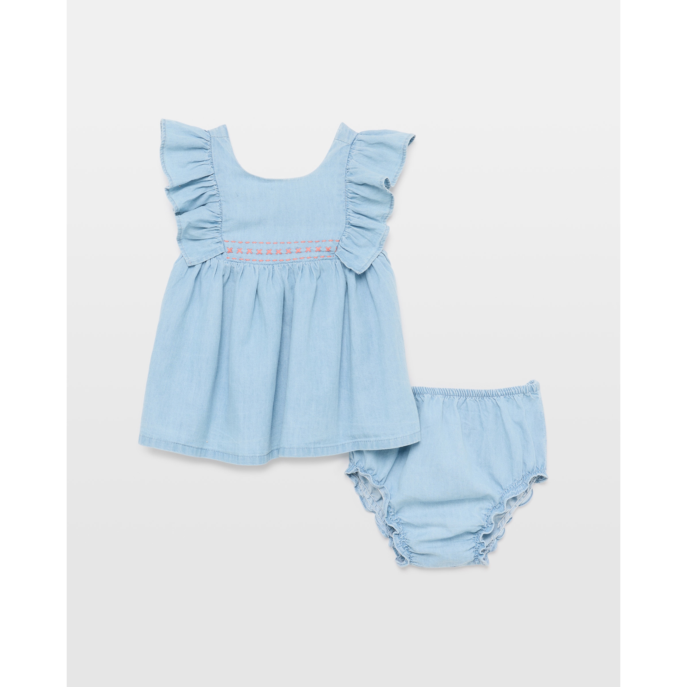 Imagen 0 de Vestido para bebé sin mangas con volante en tejido chambrais 400 Azul