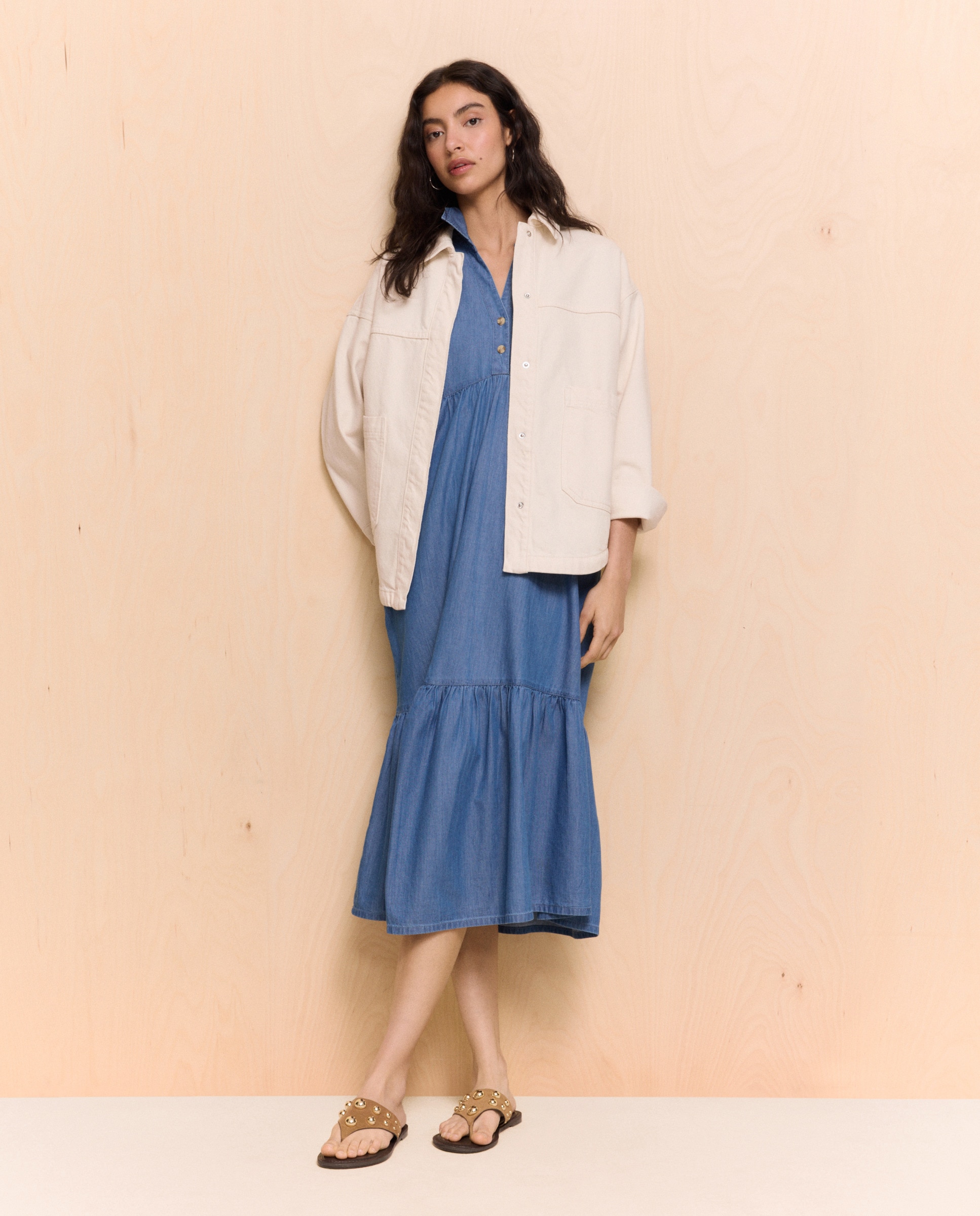 Vestido de Ganga Comprido com Painéis Índigo-2