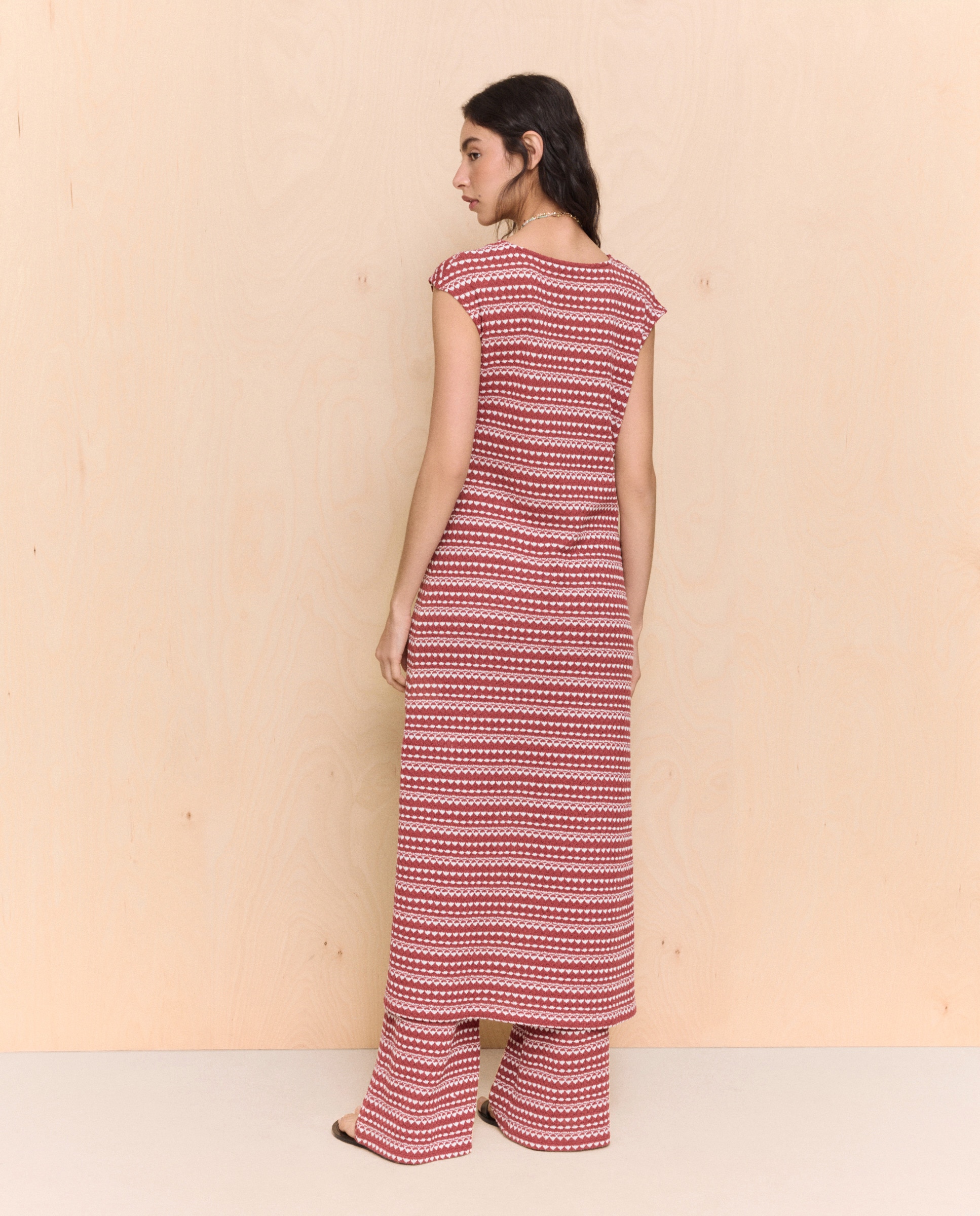 Vestido Midi de Malha Recortada às Riscas Vermelho-3