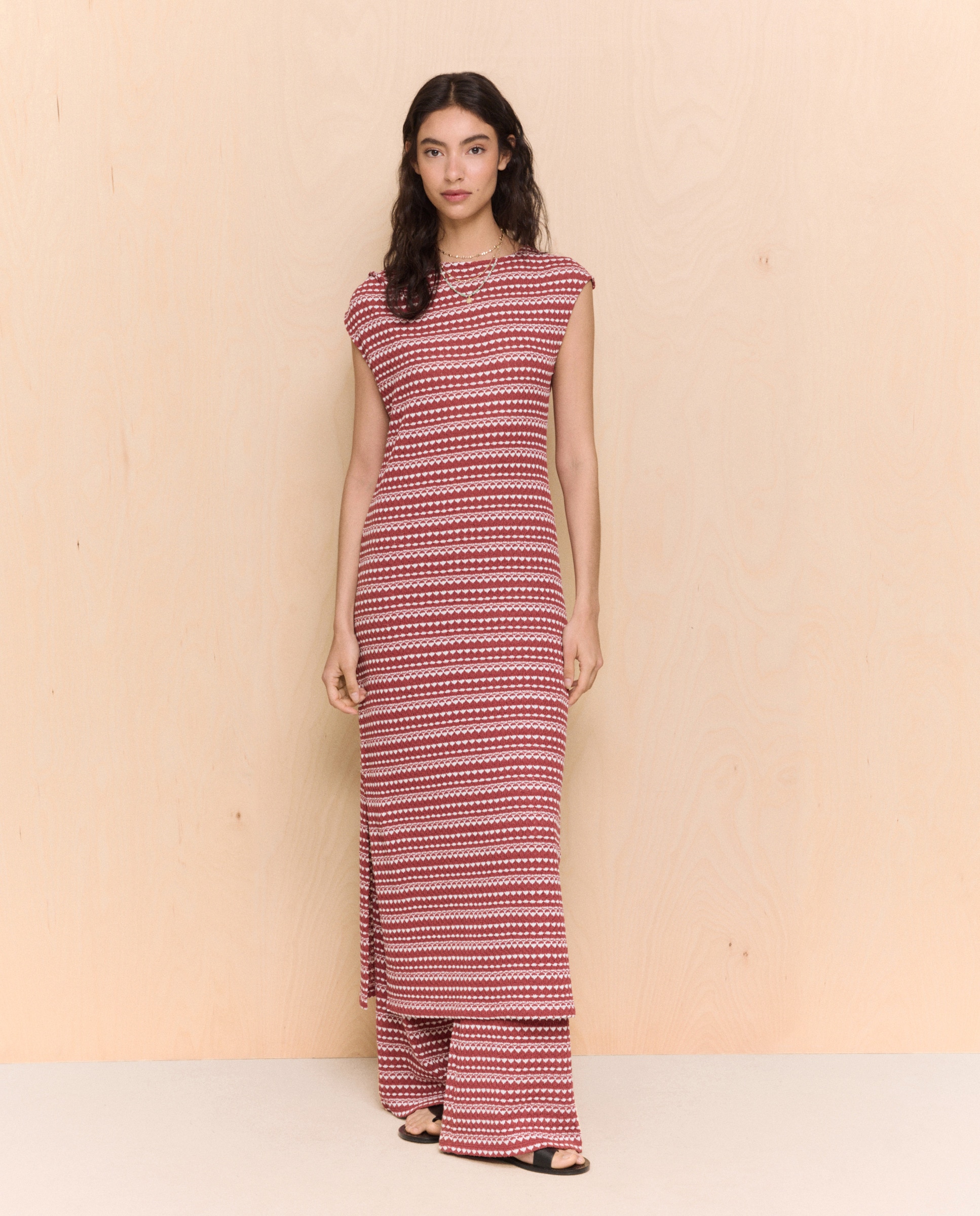 Vestido Midi de Malha Recortada às Riscas Vermelho-1