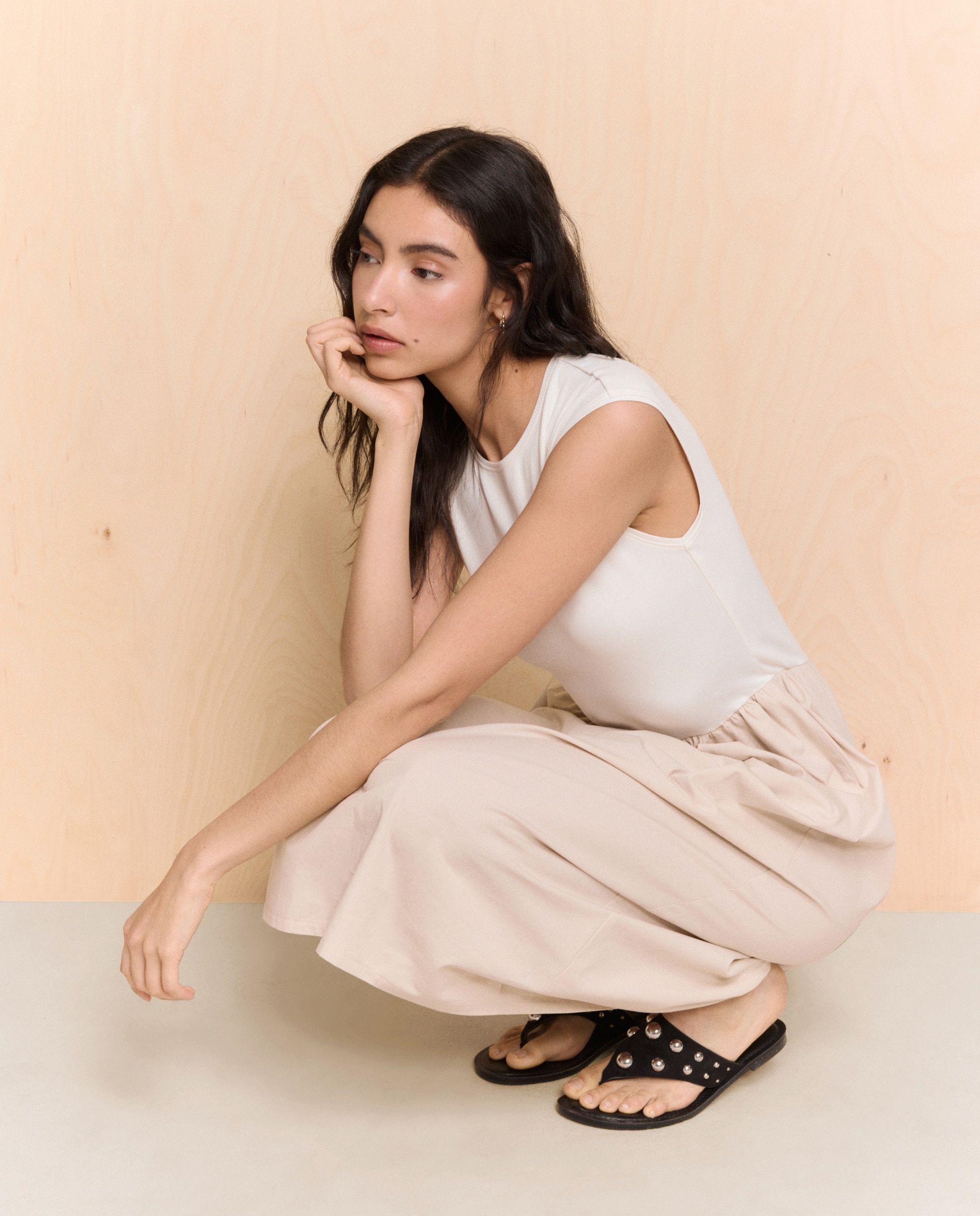 Vestido Midi Combinado sem Mangas Bege-2