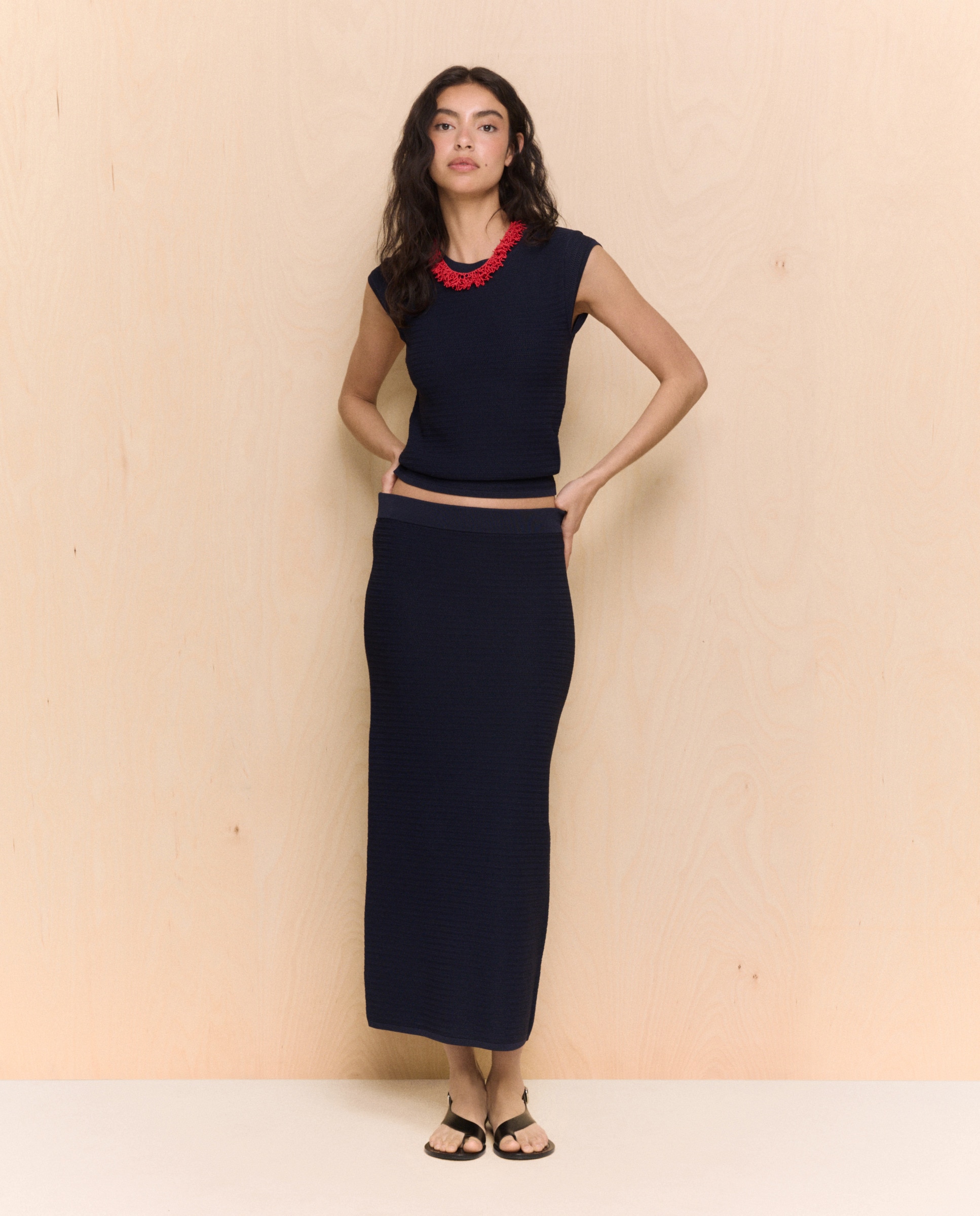 Saia de Tricot com Estrutura de Malha Azul-marinho-1