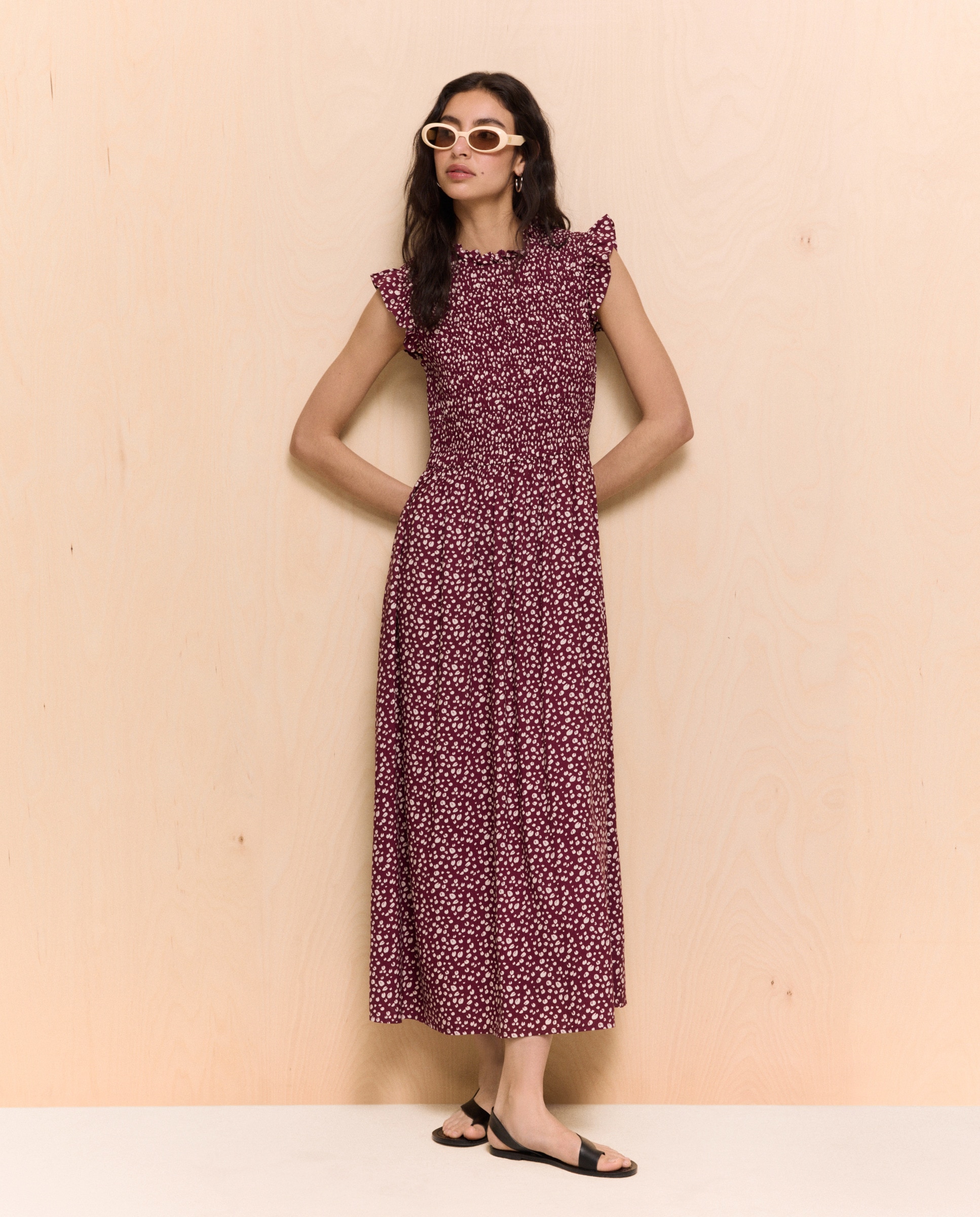 Vestido Midi sem Mangas com Favos de Mel Ameixa-1