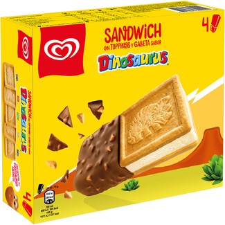 helado sándwich con toppings y galleta sabor Dinosaurus 4 unidades estuche 480 ml - Frigo