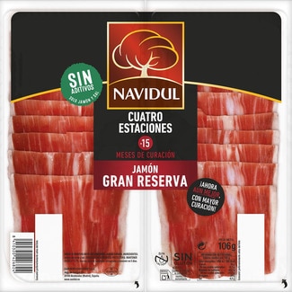 Cuatro Estaciones jamón Gran Reserva en lonchas sin gluten sin lactosa envase 106 g 15 meses de curación - Navidul