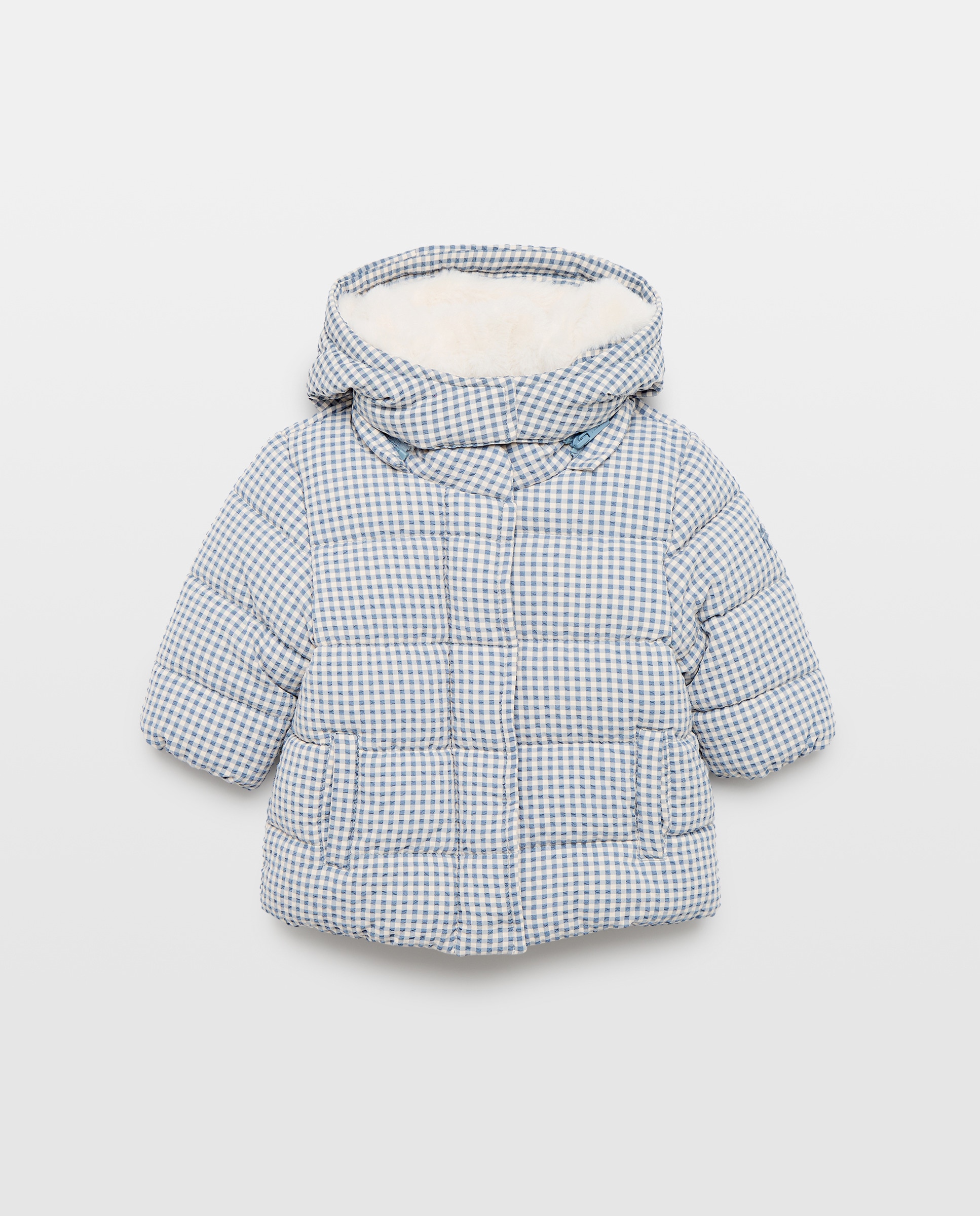 Imagem 0 de Parka Comprida de Nylon e Seersucker de Bebé com Capuz Desmontável de Pelo