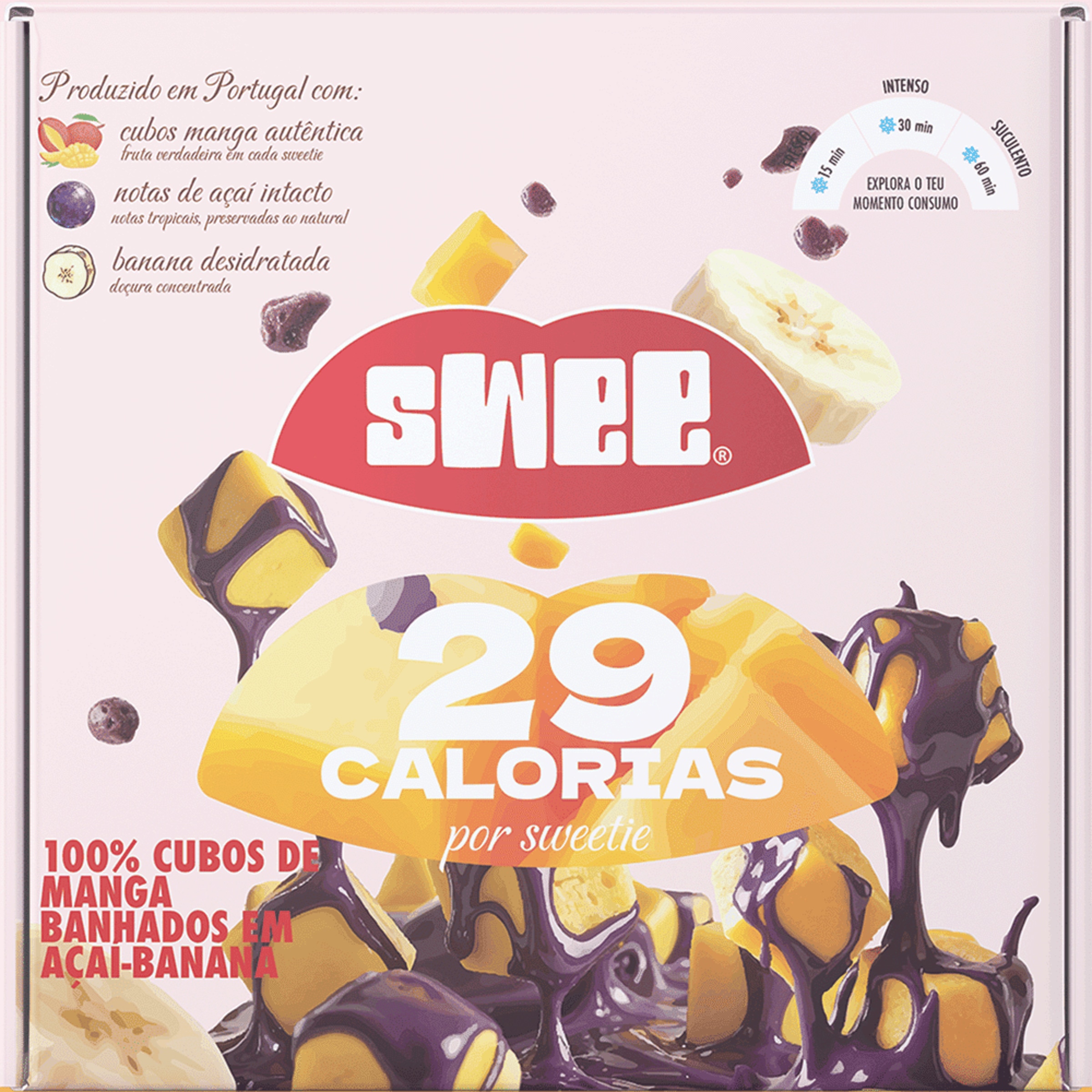 100% Cubos de Manga Banhados com Açaí Banana embalagem 140 ml