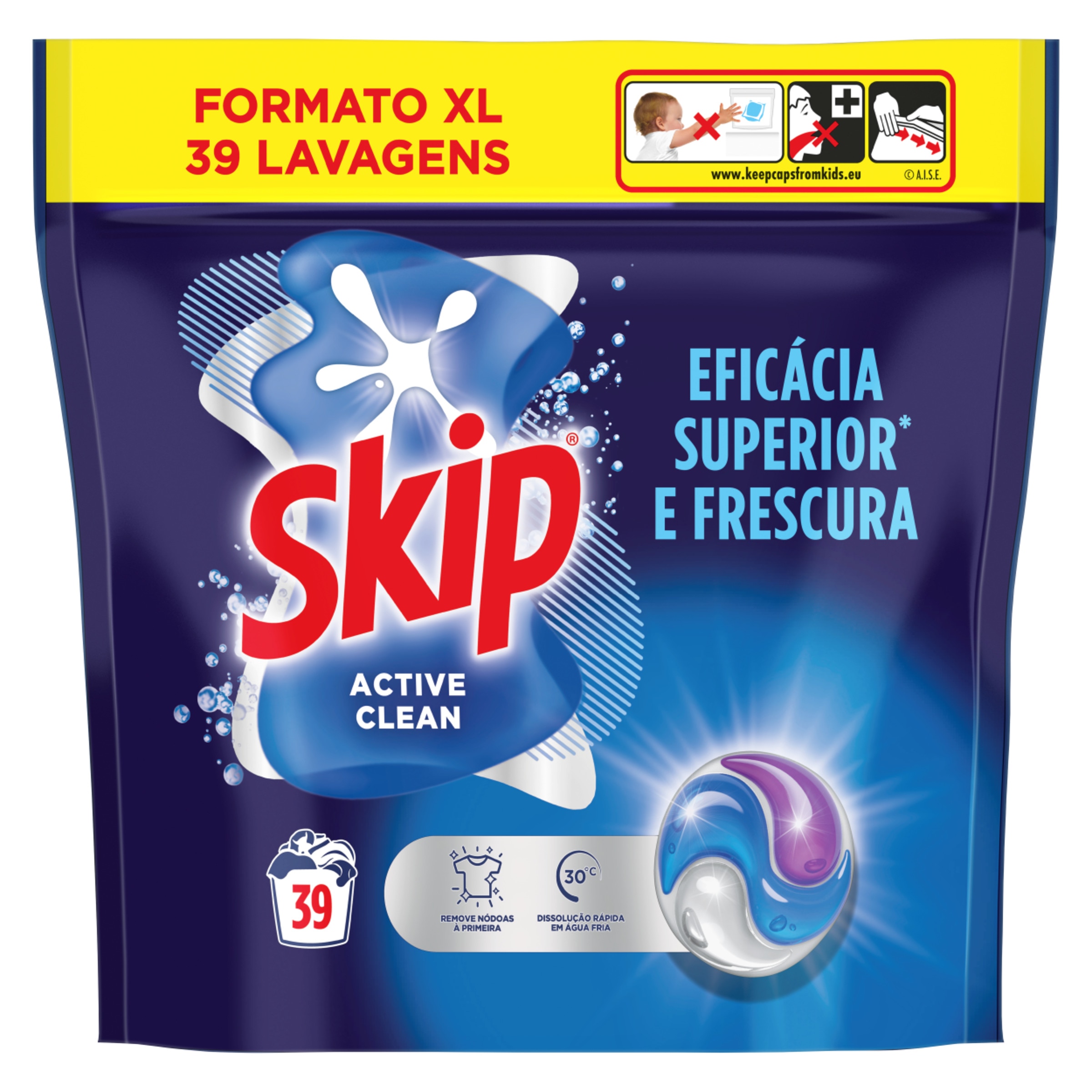 Detergente da Roupa Cápsulas Trio Active Clean embalagem 39 doses