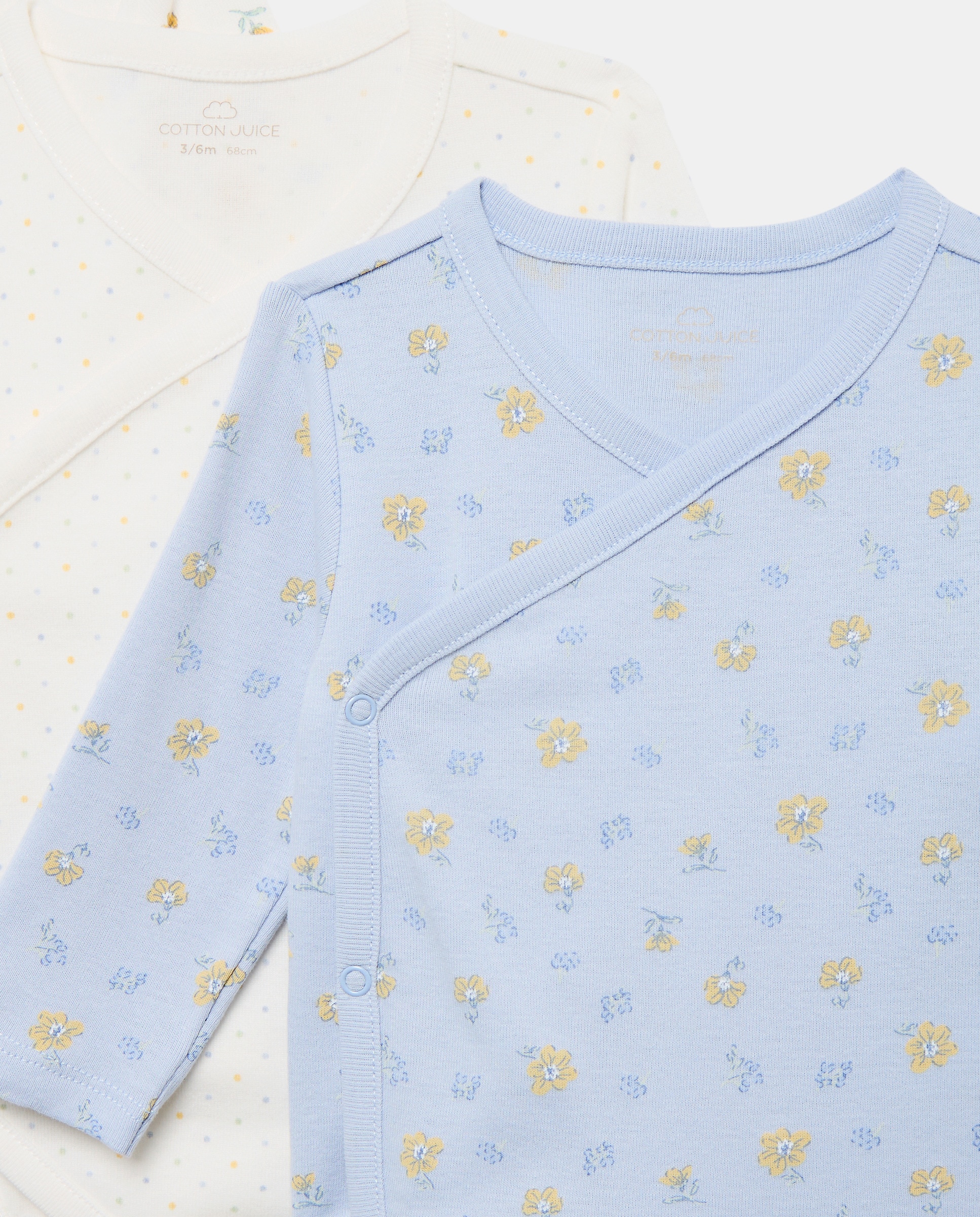 Pack de 3 Bodies de Bebé com Manga Comprida com Padrão de Flores e Bolinhas Cotton Juice Azul-3