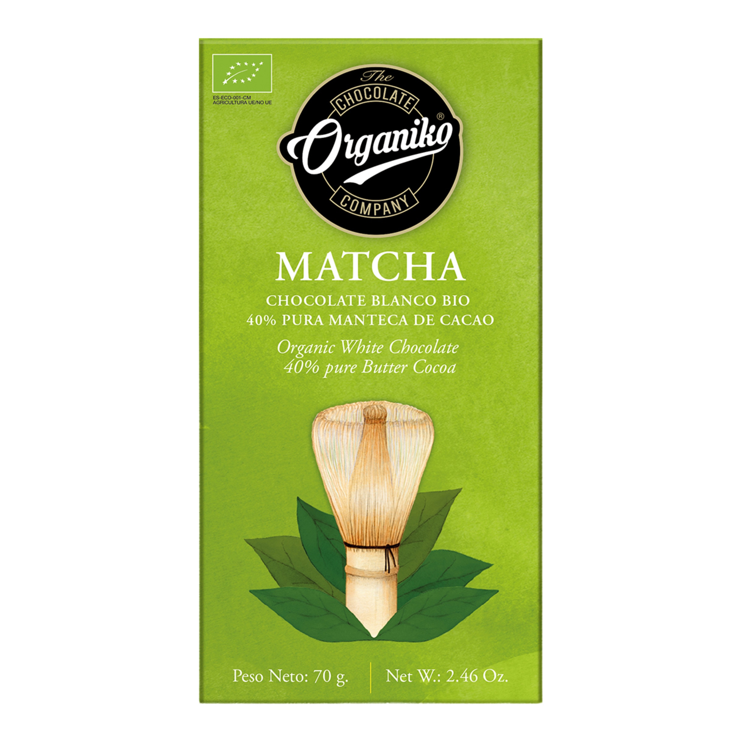 Imagen 0 de Chocolate blanco 40% pura manteca de cacao Matcha Bio Orgániko