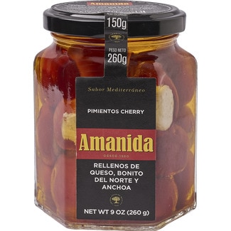 pimientos cherry rellenos de queso bonito del norte y anchoa sabor mediterráneo frasco 150 g neto escurrido - Amanida