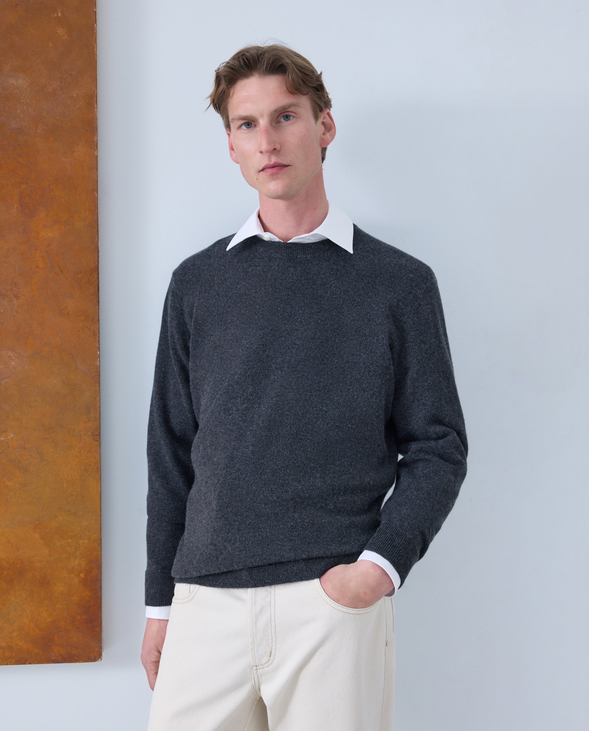 Jersey de hombre de cuello redondo liso cashmere - Emidio Tucci - Gris oscuro Gris oscuro-1