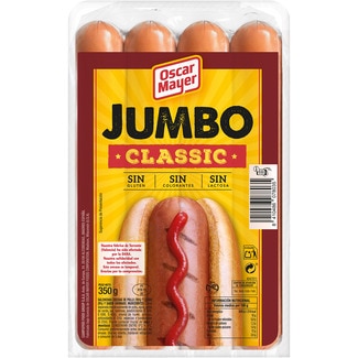 Jumbo Classic salchichas cocidas y ahumadas de cerdo y pollo 4 piezas envase 350 g sin gluten sin lactosa - Oscar Mayer