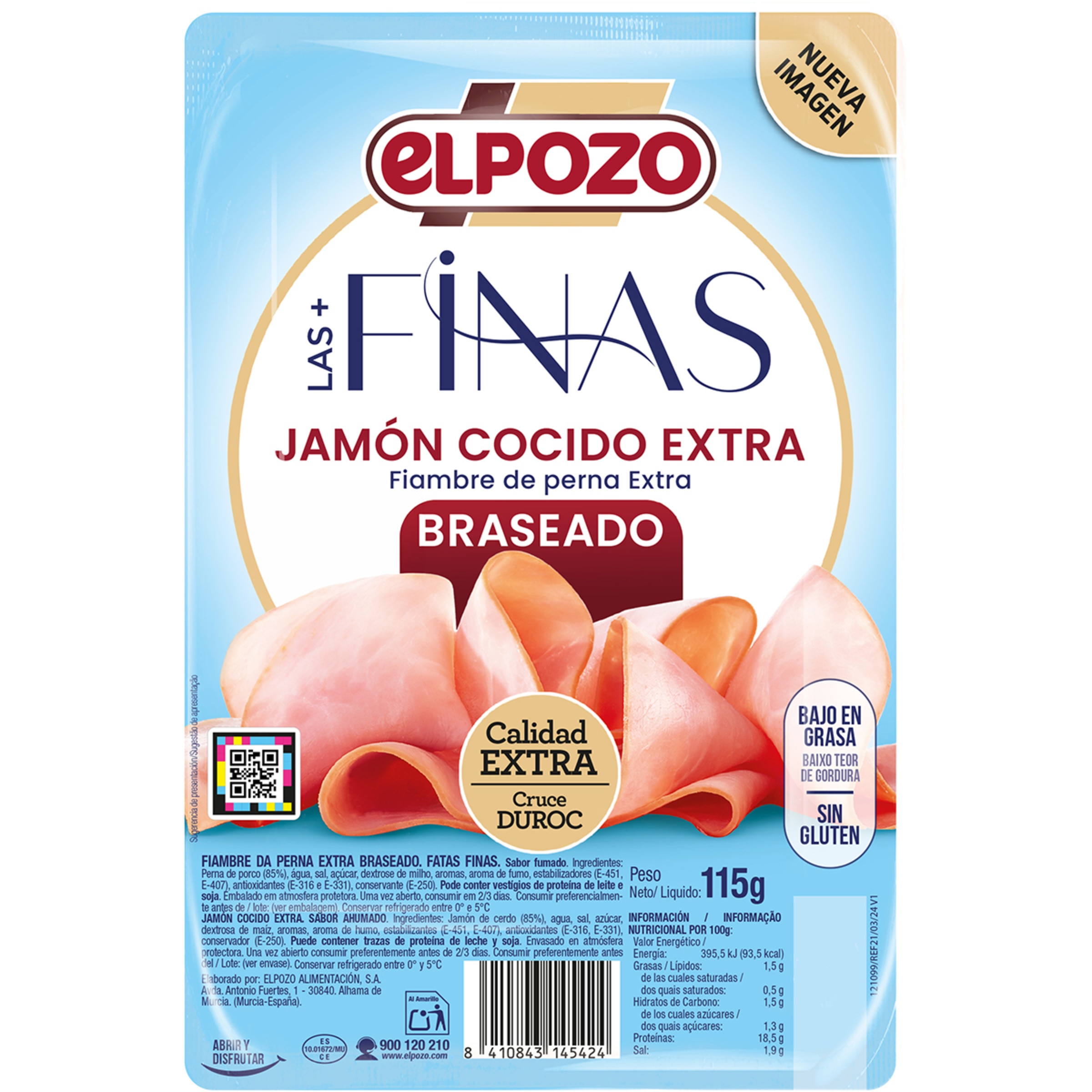 jamón cocido extra braseado bajo en grasa en lonchas finas sin gluten sin lactosa envase 115 g