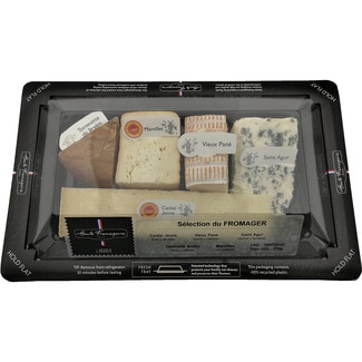 tabla de surtido de quesos franceses Cantal Jeune DOP, Le Vieux pané,St Agur Moroilles Dop, Tommette de Brebis caja 370 g - Fromapac