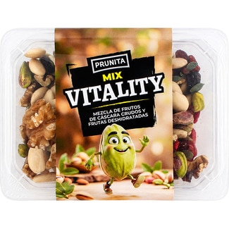 mix Vitality de frutos secos de cáscara crudos y frutas deshidratadas tarrina 200 g - Prunita