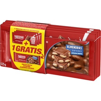 chocolate con leche y almendras enteras pack 3 tabletas de 125 g + gratis 1 tableta de chocolate nestlé extrafino con almendras enteras de 100 g - Nestle Extrafino