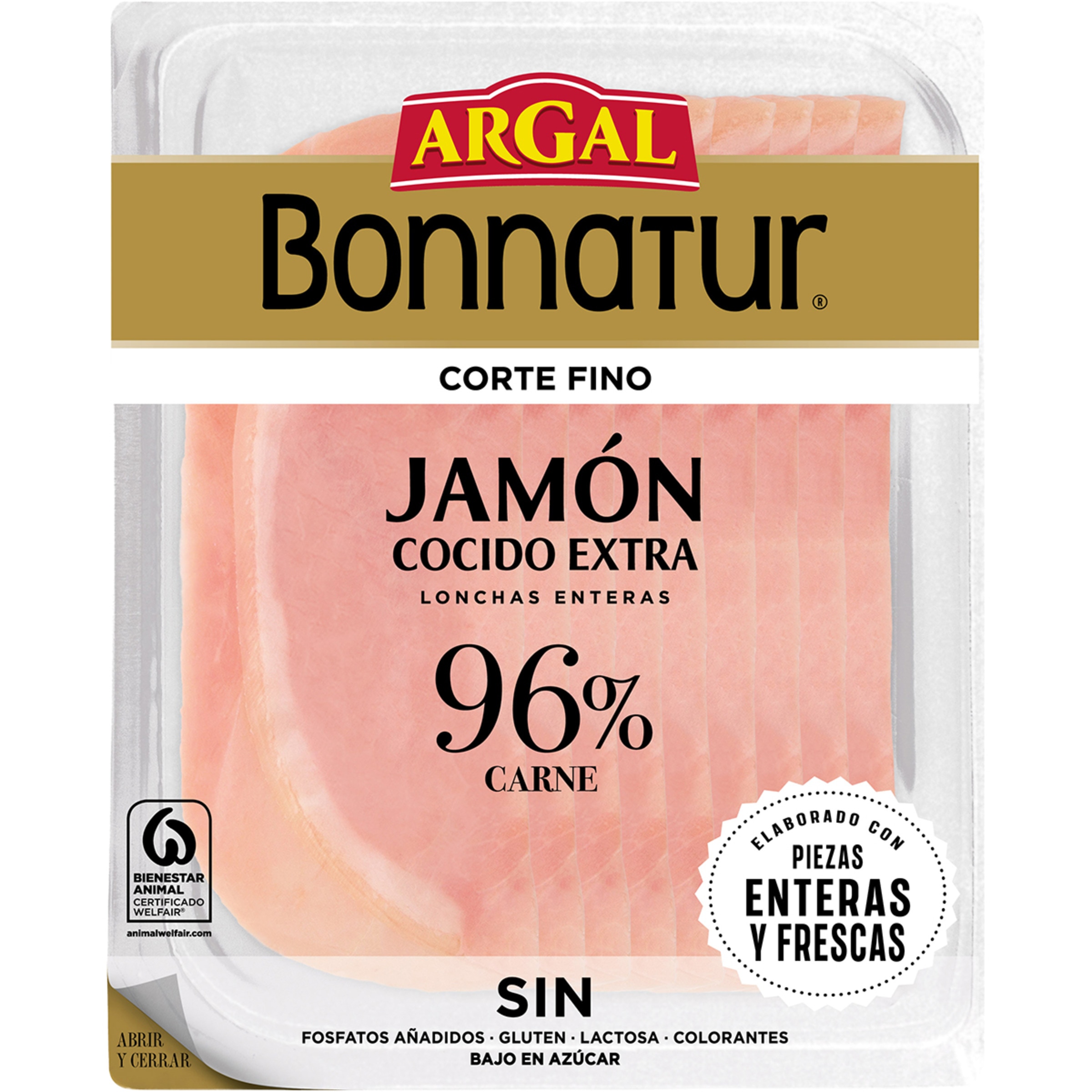 Bonnatur Corte Fino jamón cocido extra en lonchas enteras bajo en azúcar envase 130 g sin gluten sin lactosa