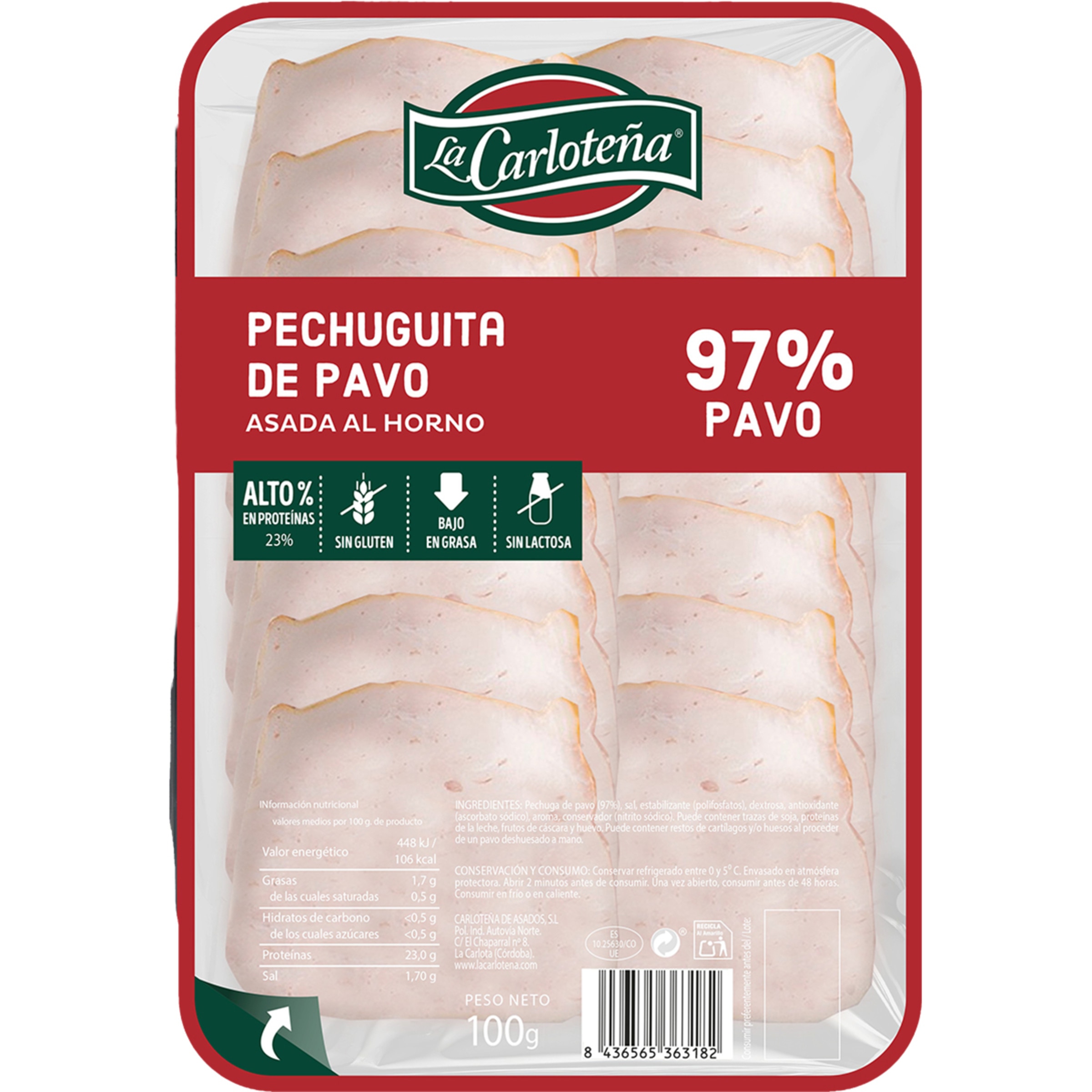 pechuguita de pavo al horno 97%pavo sin gluten y sin lactosa sobre 100 g