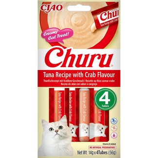 sanck para gatos receta de atún con sabor a cangrejo 4 x 14 g envase 56 g - Churu