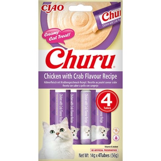 snack para gatos receta de pollo con sabor a cangrejo 4 x 14 g envase 56 g - Churu