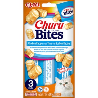 snack para gatos Bites receta de pollo con atún y vieira 3 x 10 g envase 30 g - Churu