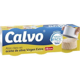 atún claro en aceite de oliva virgen extra vuelca fácil pack 3 lata 52 g neto escurrido - Calvo