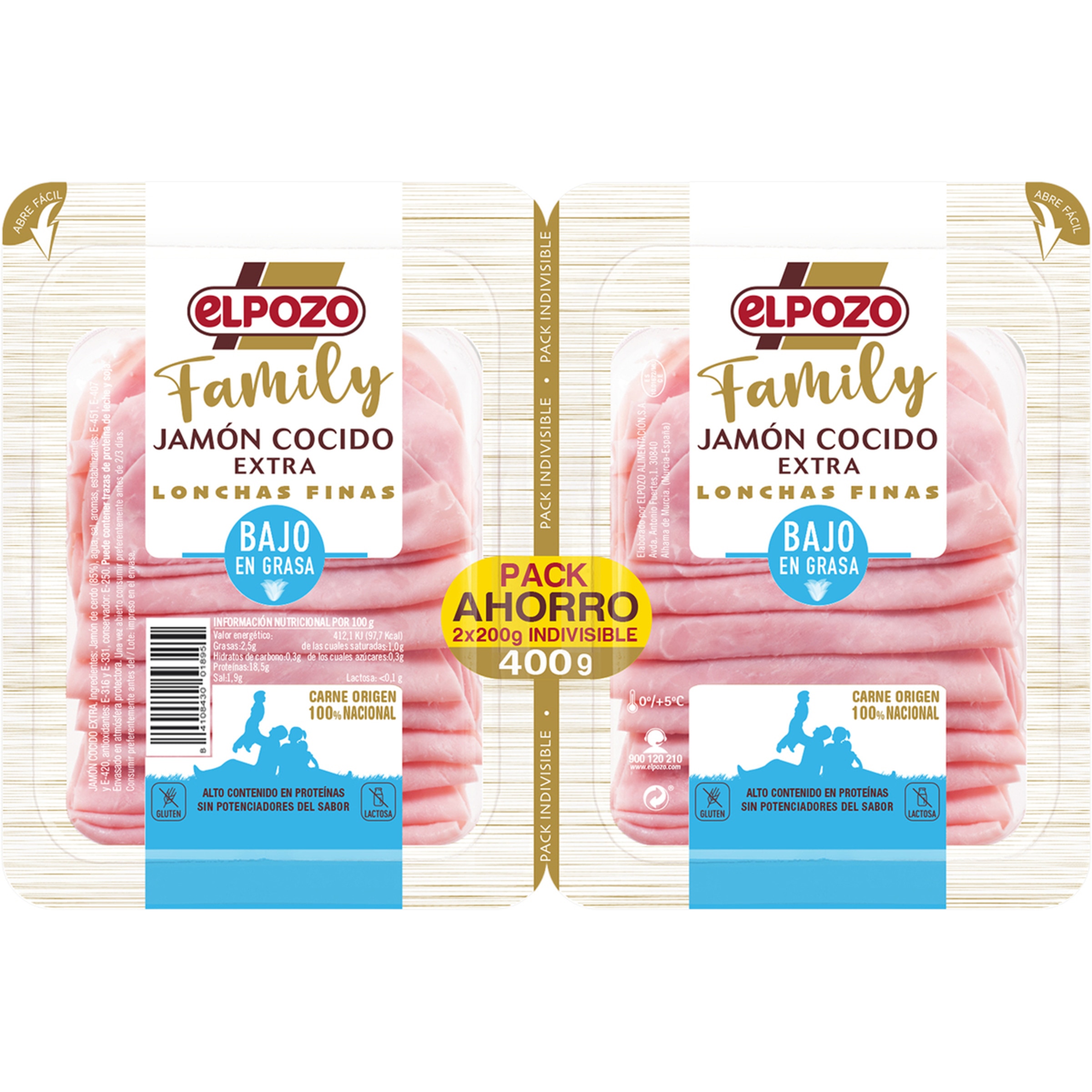 Family jamón cocido extra bajo en grasa en lonchas finas pack 2 x 200 g envase 400 g sin gluten sin lactosa pack ahorro