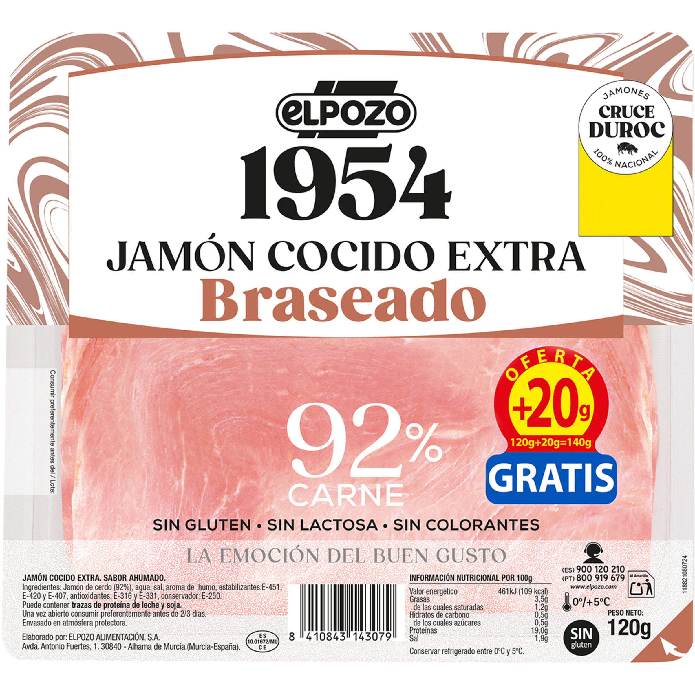 Edición 1954 jamón cocido extra braseado sabor ahumado raza Duroc en lonchas envase 120 g sin gluten sin lactosa