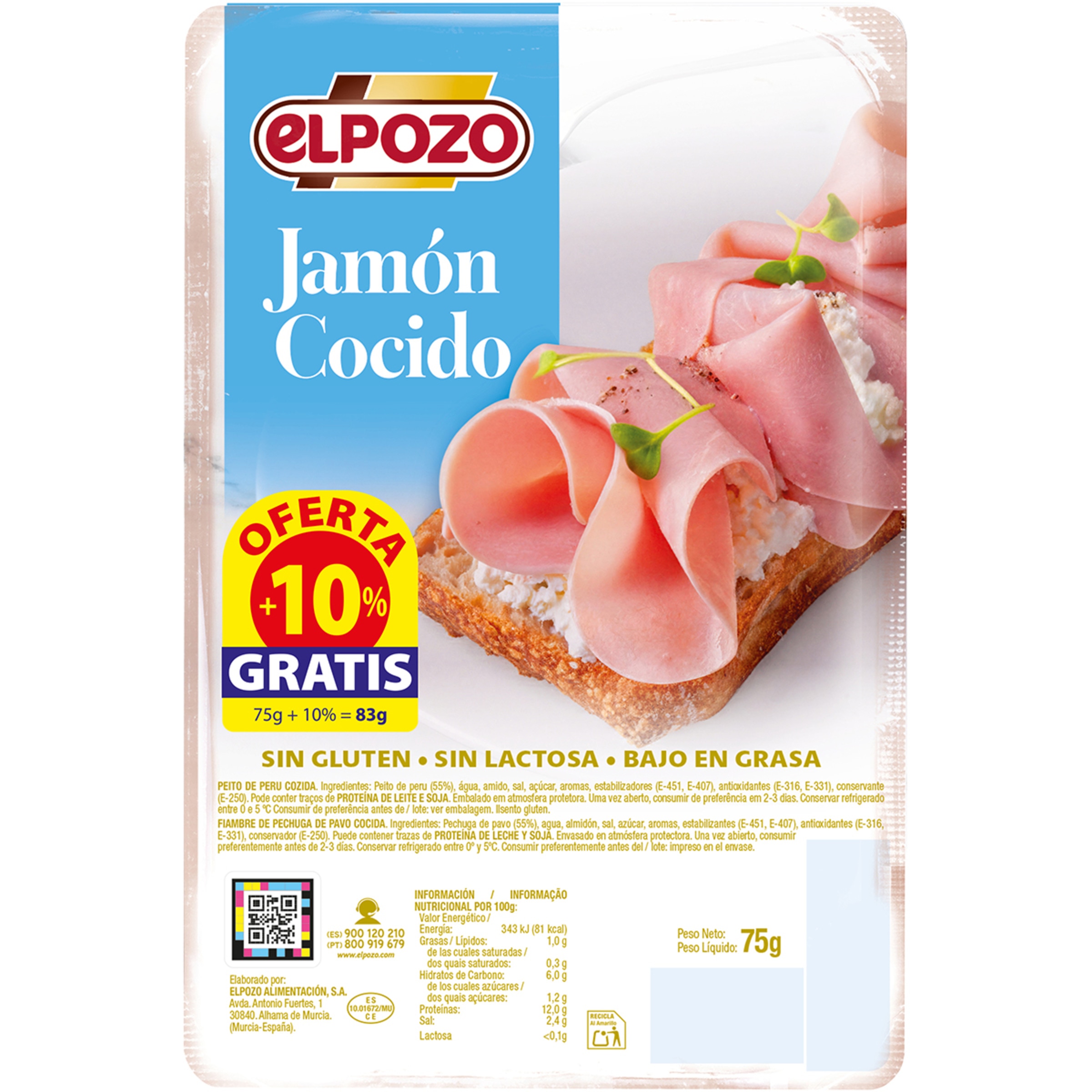 jamón cocido bajo en grasa en lonchas envase 75 g sin gluten sin lactosa