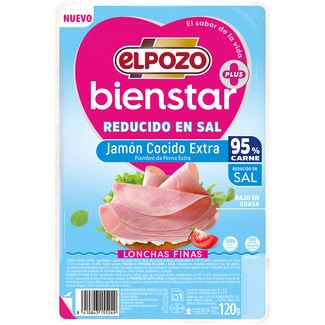BienStar jamón cocido extra bajo en grasa reducido en sal en lonchas finas envase 120 g sin gluten y sin lactosa - Elpozo