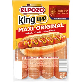 King upp  maxi original salchichas cocidas de cerdo sabor ahumado sin gluten 4 piezas envase 330 g - Elpozo