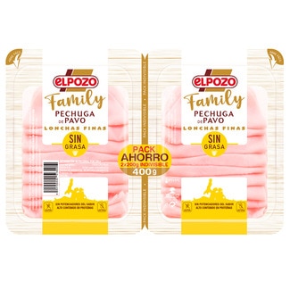 Family pechuga de pavo sin grasa en lonchas finas sin gluten sin lactosa pack 2 x 200 g envase 400 g - Elpozo