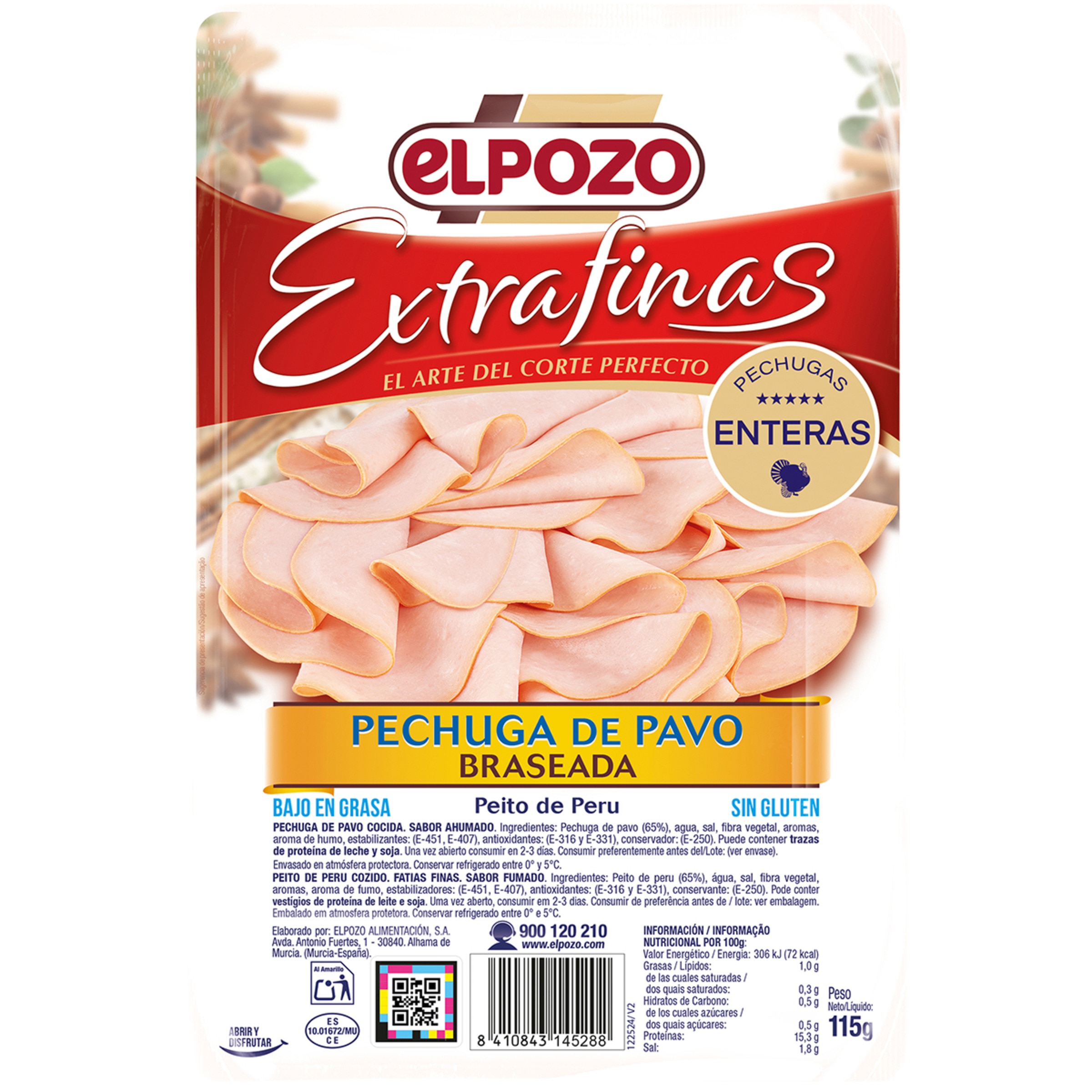 Extrafinas pechuga de pavo braseada bajo en grasa en lonchas sin gluten envase 115 g