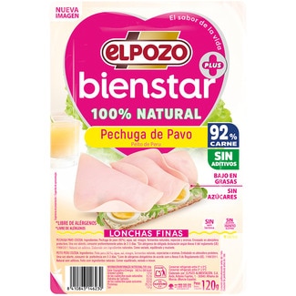 pechuga de pavo 100% natural en lonchas finas sin gluten sin lactosa envase 120 g sin azúcares - Elpozo