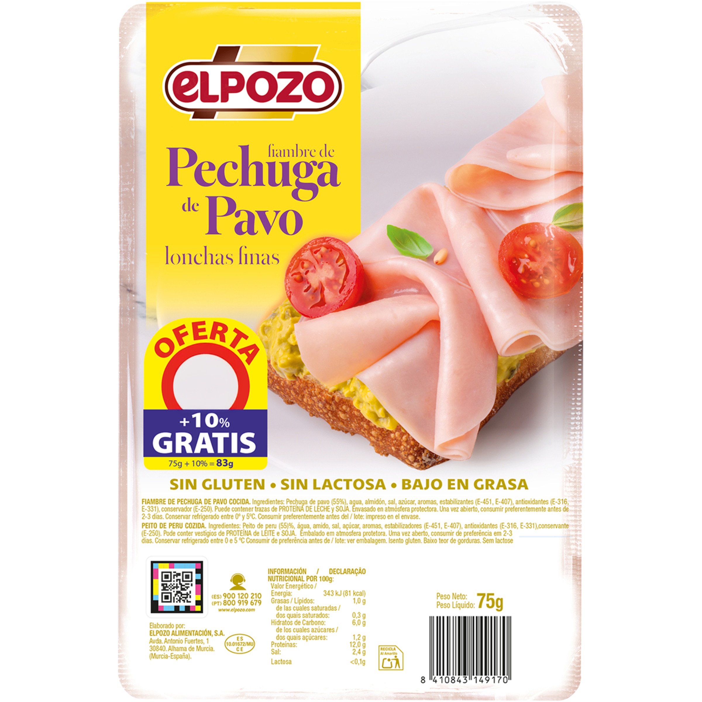 fiambre de pechuga de pavo bajo en grasa en lonchas envase 75 g sin gluten
