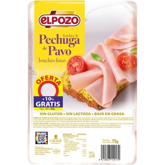 fiambre de pechuga de pavo bajo en grasa en lonchas envase 75 g sin gluten - Elpozo