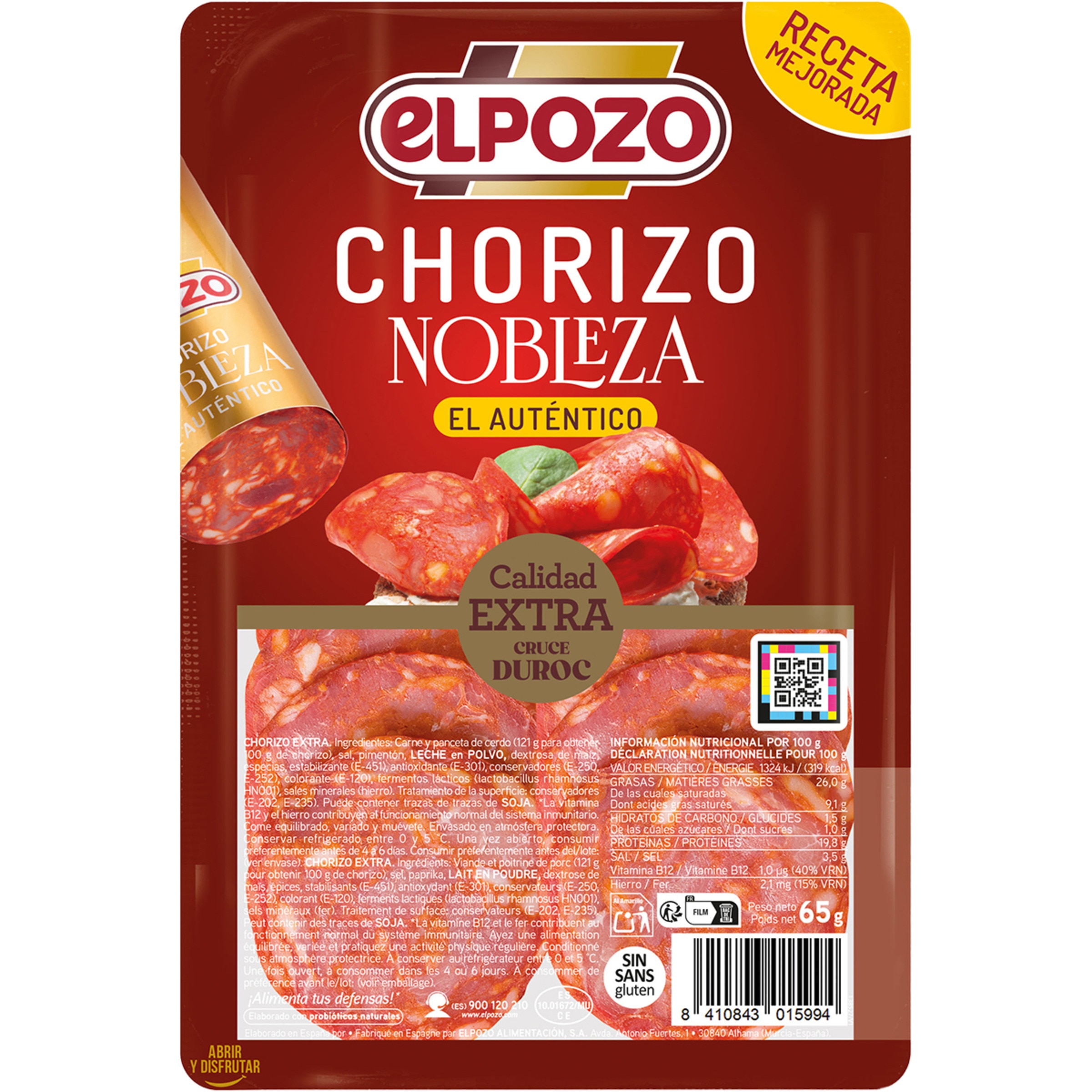 Nobleza chorizo extra en lonchas sin gluten envase 65 g