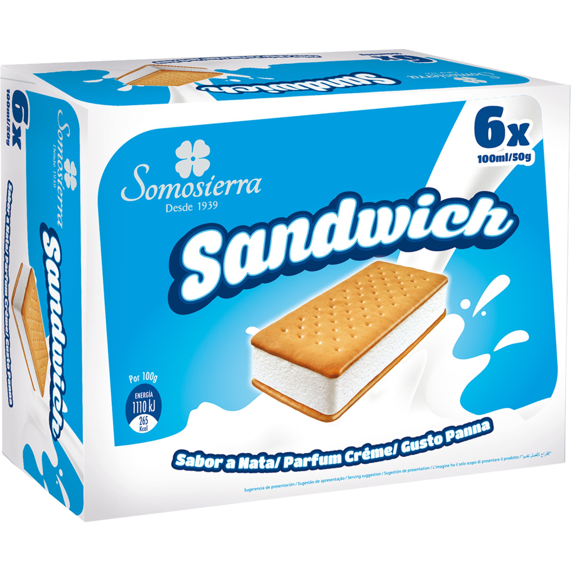 sándwich de helado sabor a nata 6 unidades estuche 600 ml