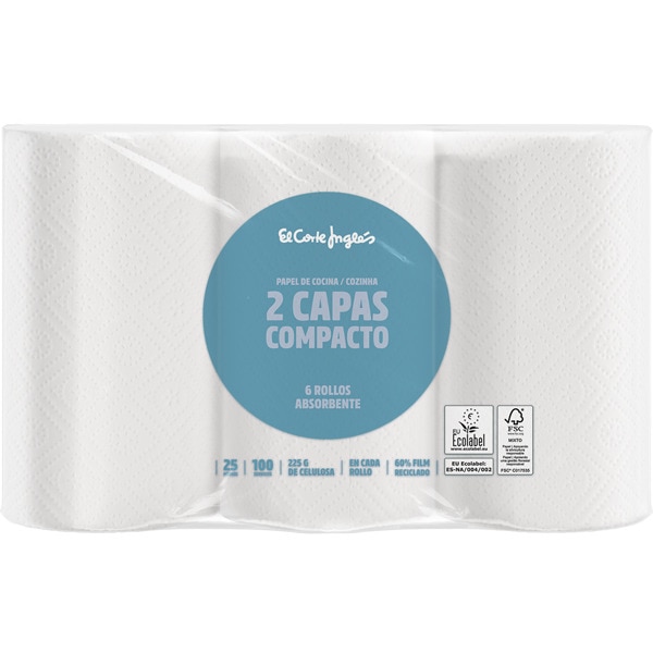 papel de cocina compacto gofrado muy absorbente 2 capas paquete 6 rollos