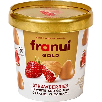 Gold fresas recubiertas de chocolate blanco y chocolate dorado con caramelo sin gluten tarrina 150 g - Franui