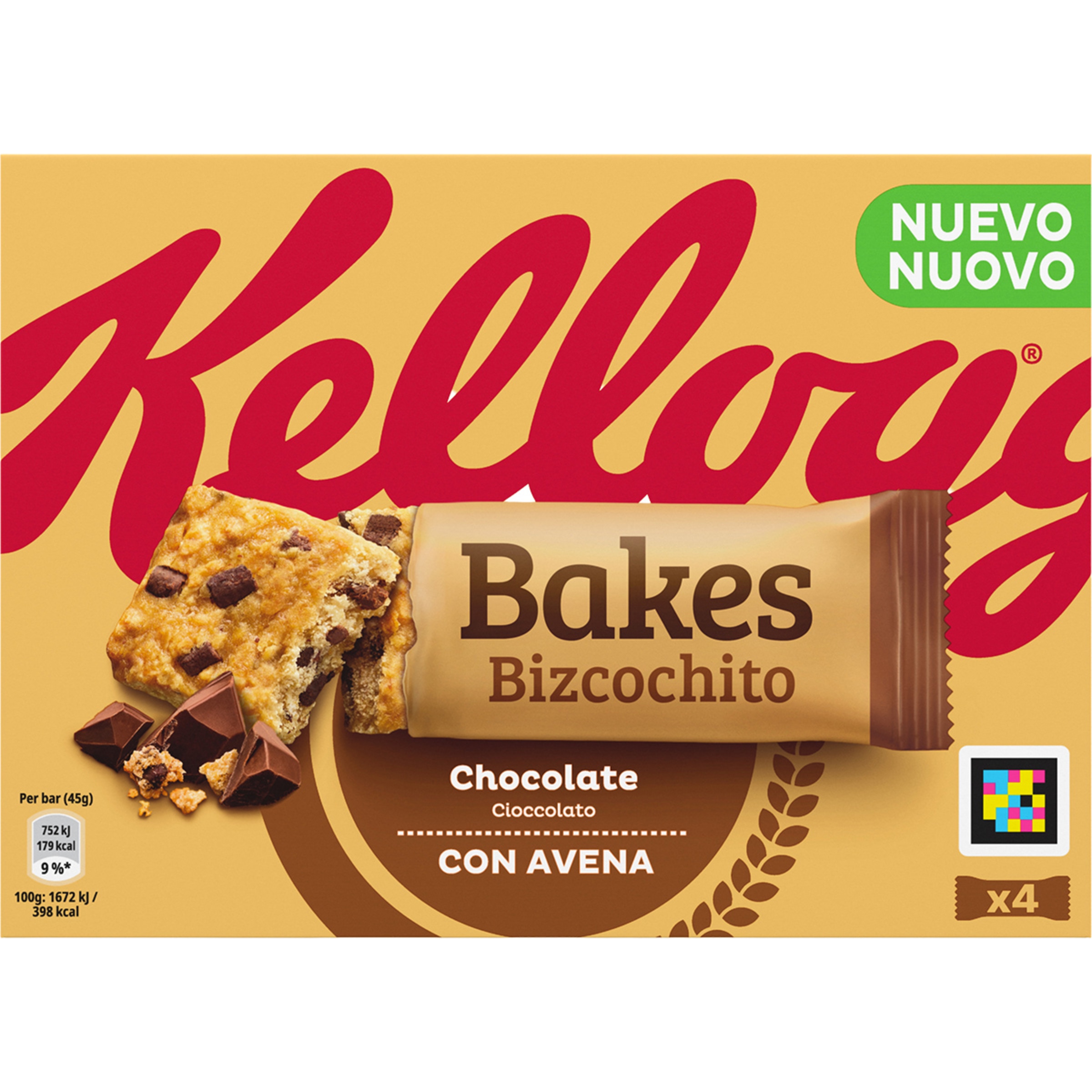 bizcochito con avena y chocolate 4 unidades envasadas individualmente estuche 180 g